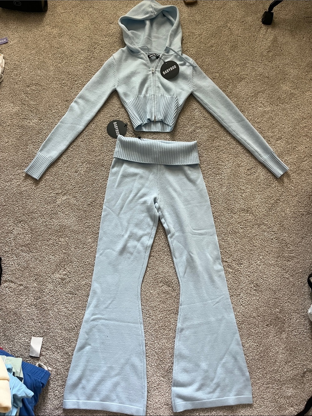Light Blue Knit Hoodie & Flared Pants Set